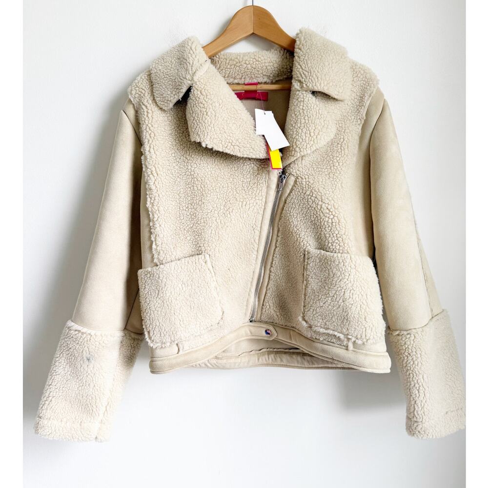 NWT Catharine Maladrino Faux Sherling Bomber Motorcylce Jacket Ivory White Small